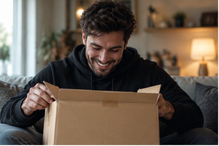 Man opening a package at home