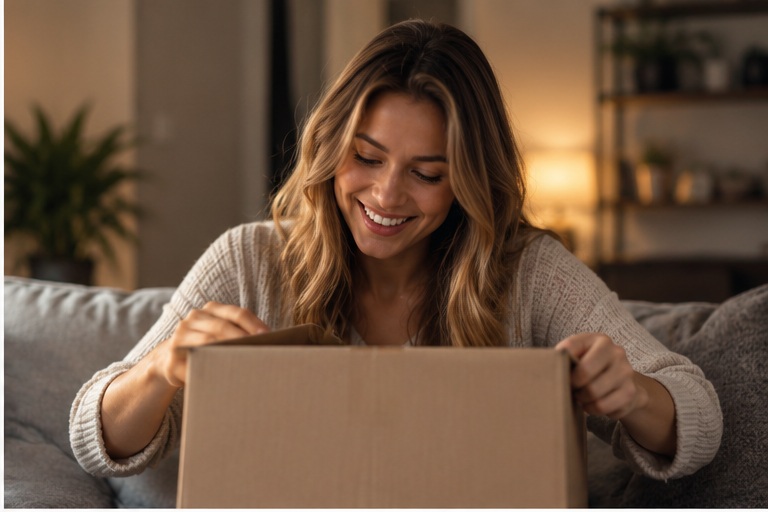 Woman opening a package at home